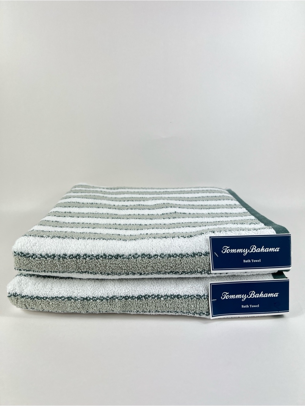 Tommy Bahama Bathroom Towel Set Green and White Ticking Stripe Cotton 2 Pc NEW